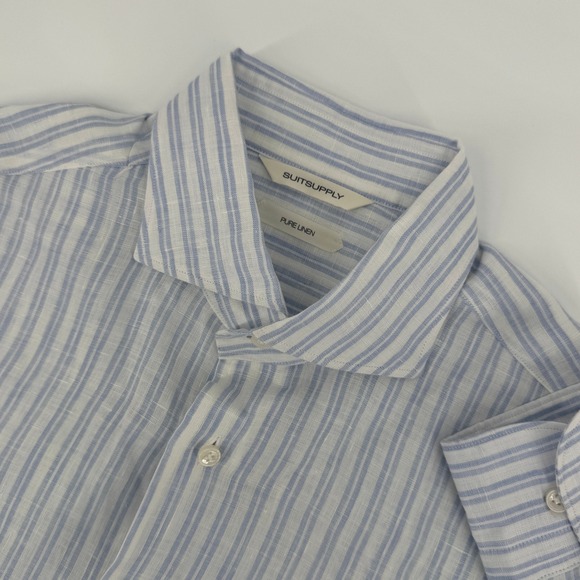 Suitsupply Pure Linen Shirt 15.1/2 Blue Striped Long Sleeve Slim Fit Button up - Picture 1 of 10